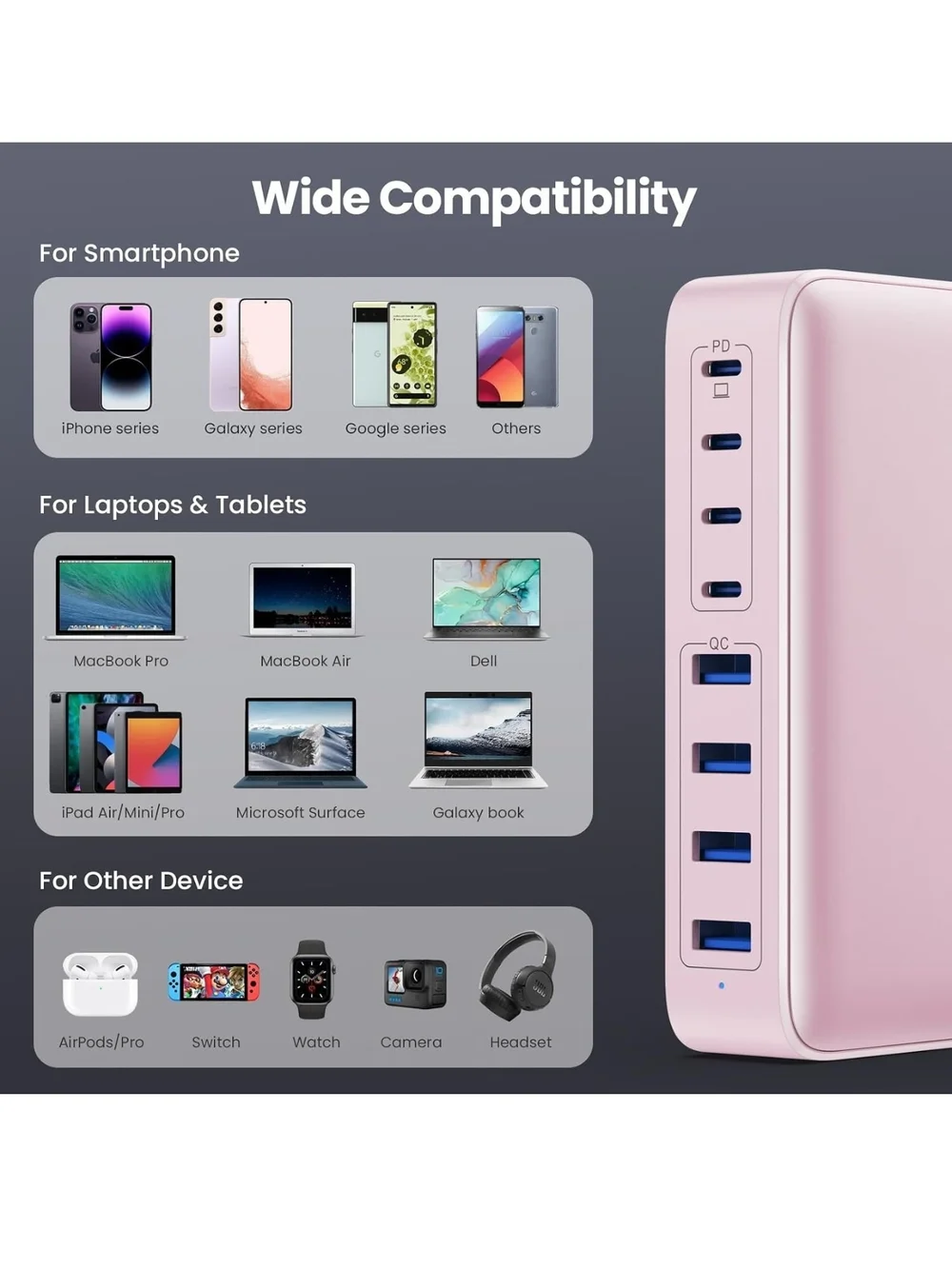 Multi-Device 8-Port USB Charging Station - Pink